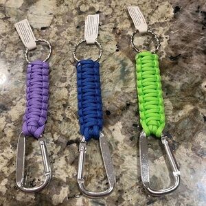 Paracord Keychains with Carabiners Lime Green, Purple,Cobalt Blue- Set of 3 New!